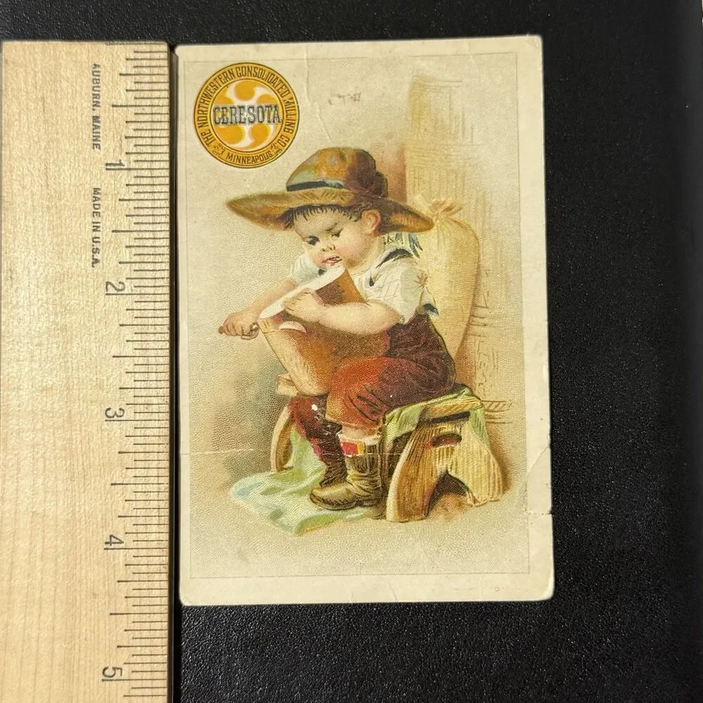 Pair 1905 & 1906 Ceresota Flour Trade Cards Gold Seal Boy Cutting Bread